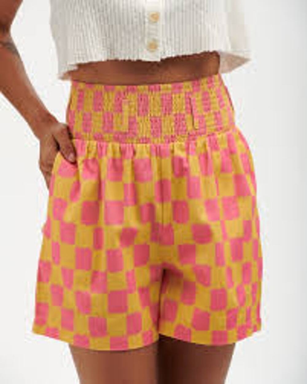 Lucy & Yak Battenberg Shorts Yellow Pink Checkered Print High Rise